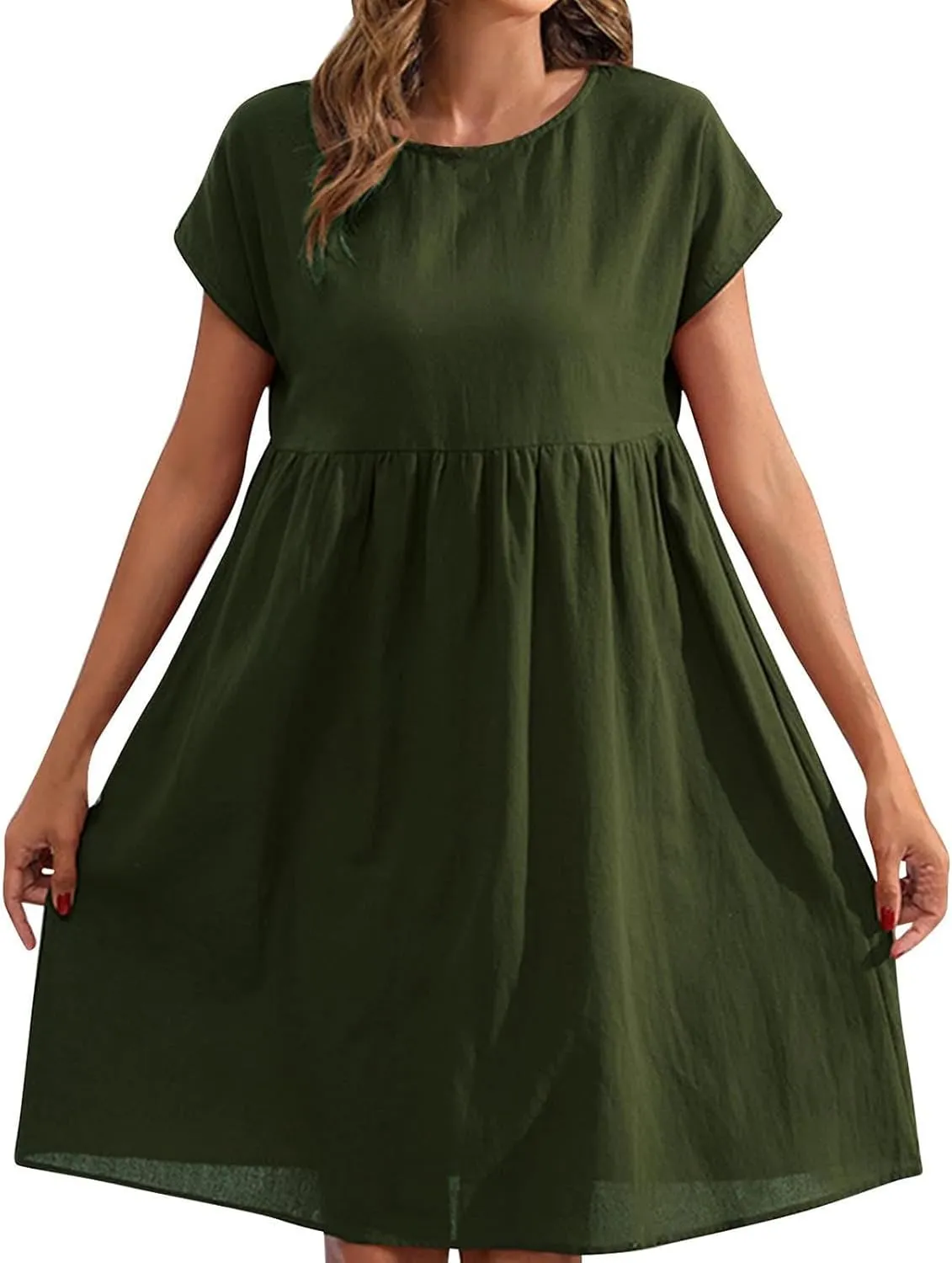 Cotton Linen Summer Midi Dresses for Women 2025 Vacation Casual Short Sleeve Crewneck Tshirt Dress A-Line Mini Dress