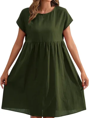 Cotton Linen Summer Midi Dresses for Women 2025 Vacation Casual Short Sleeve Crewneck Tshirt Dress A-Line Mini Dress