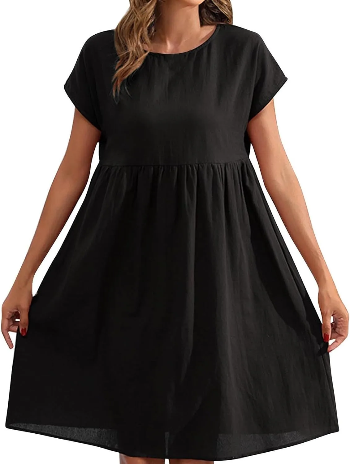 Cotton Linen Summer Midi Dresses for Women 2025 Vacation Casual Short Sleeve Crewneck Tshirt Dress A-Line Mini Dress