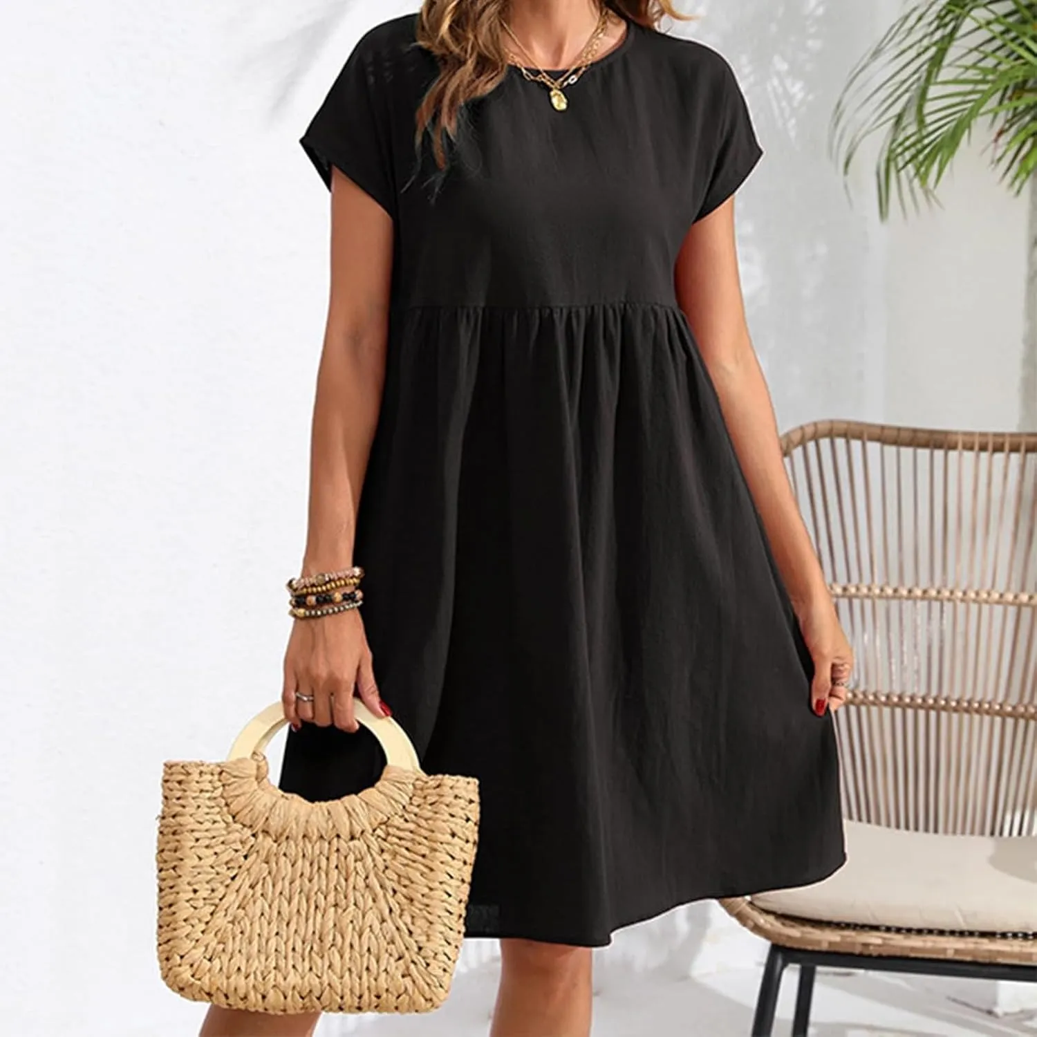 Cotton Linen Summer Midi Dresses for Women 2025 Vacation Casual Short Sleeve Crewneck Tshirt Dress A-Line Mini Dress