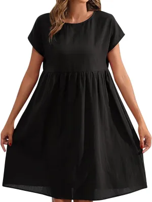 Cotton Linen Summer Midi Dresses for Women 2025 Vacation Casual Short Sleeve Crewneck Tshirt Dress A-Line Mini Dress