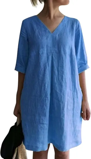 Cotton Linen Summer Midi Dresses for Women 2025 Vacation Plus Size 3/4 Sleeve V-Neck Dress Elegant Plain Beach Dress