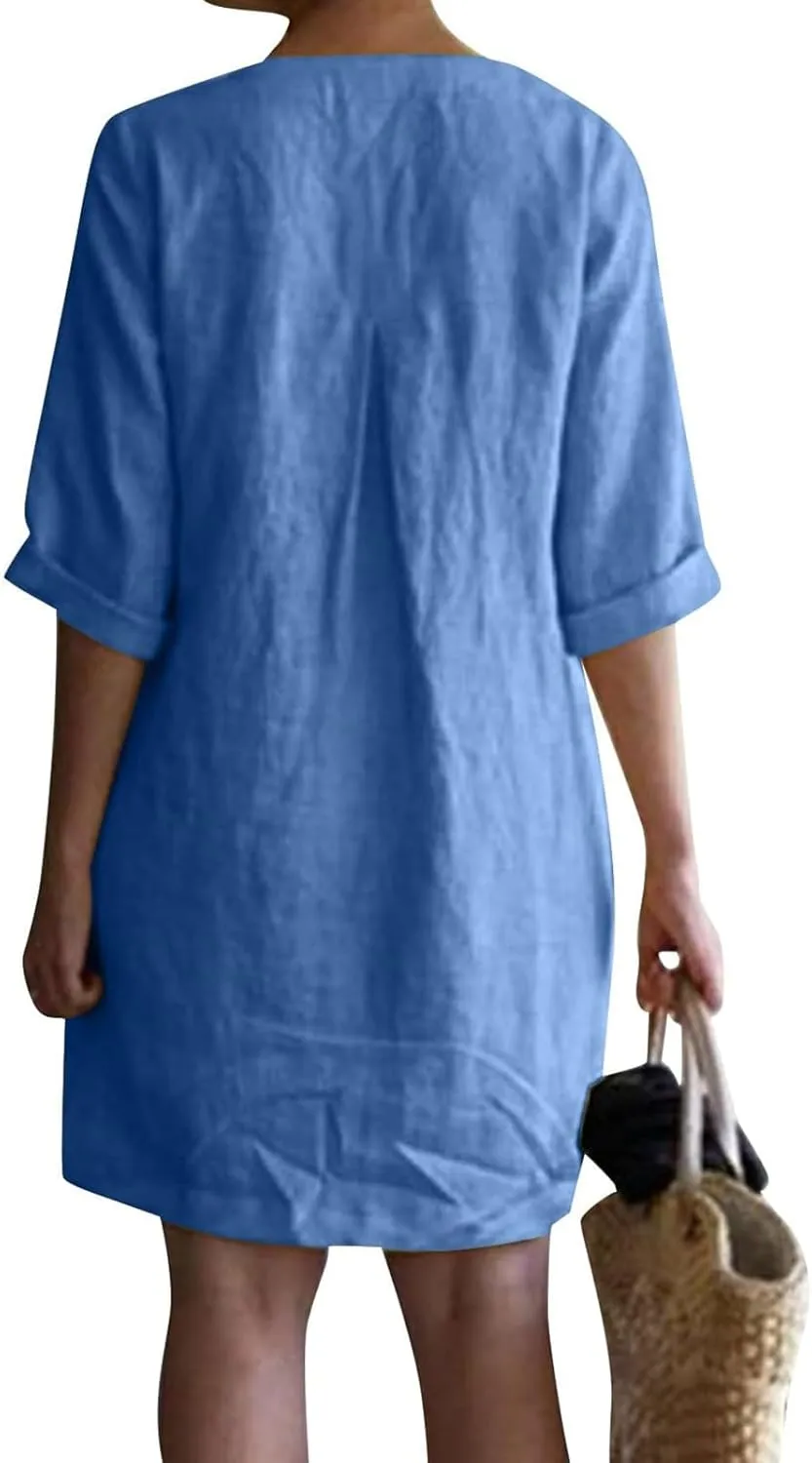 Cotton Linen Summer Midi Dresses for Women 2025 Vacation Plus Size 3/4 Sleeve V-Neck Dress Elegant Plain Beach Dress