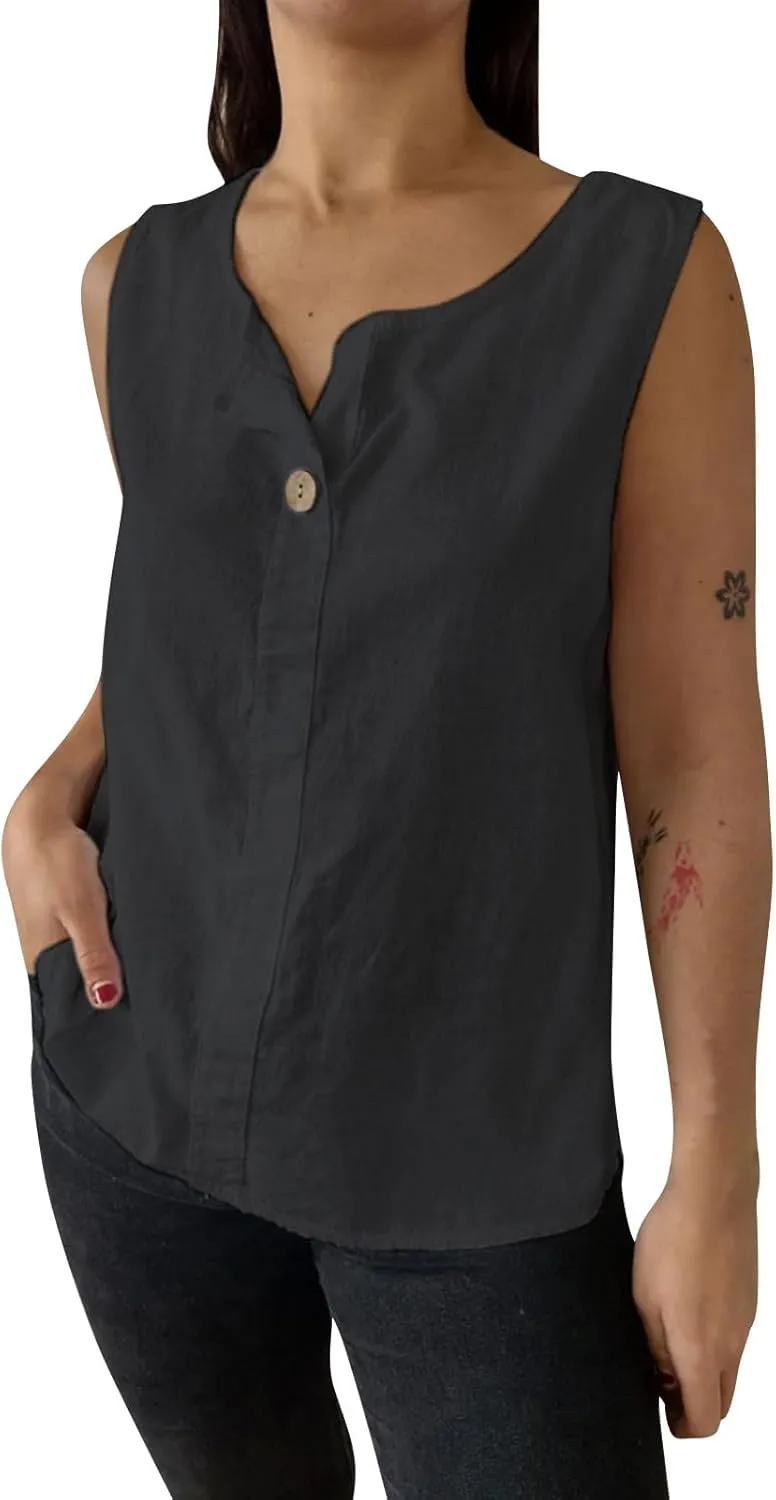 Cotton Linen Tank Tops for Women Loose Fit Sleeveless Button Up Henley Shirts Summer Casual Tee Tunic Blouses