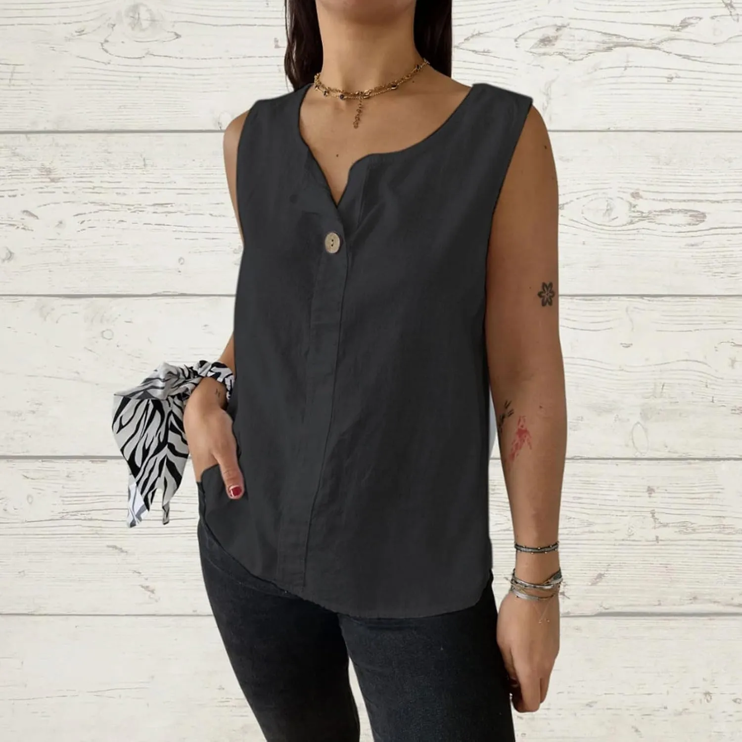 Cotton Linen Tank Tops for Women Loose Fit Sleeveless Button Up Henley Shirts Summer Casual Tee Tunic Blouses