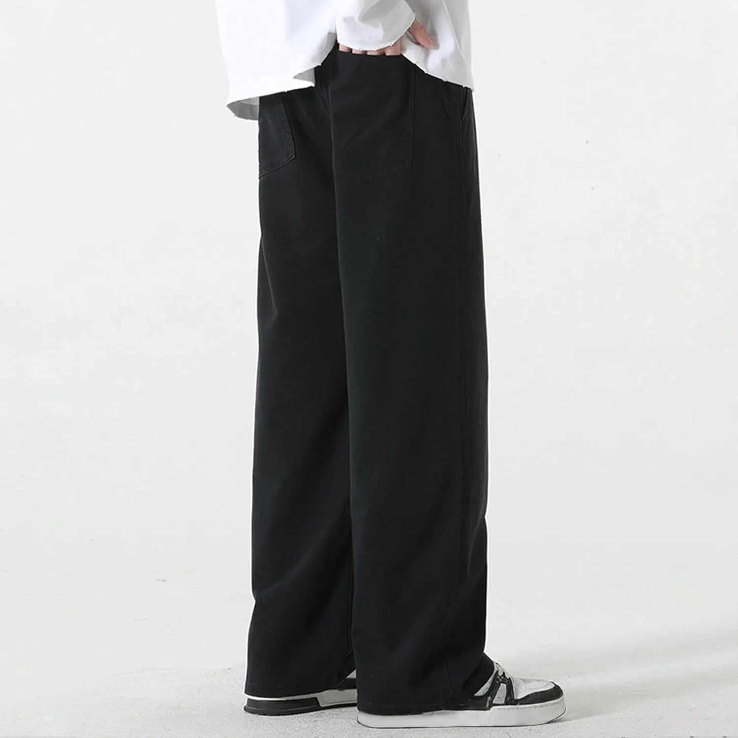 Cotton Pants for Men Straight Leg Stretch Jeans Sweatpants Trendy Teen Boys Drawstring Casual Denim Pants Relaxed Fit