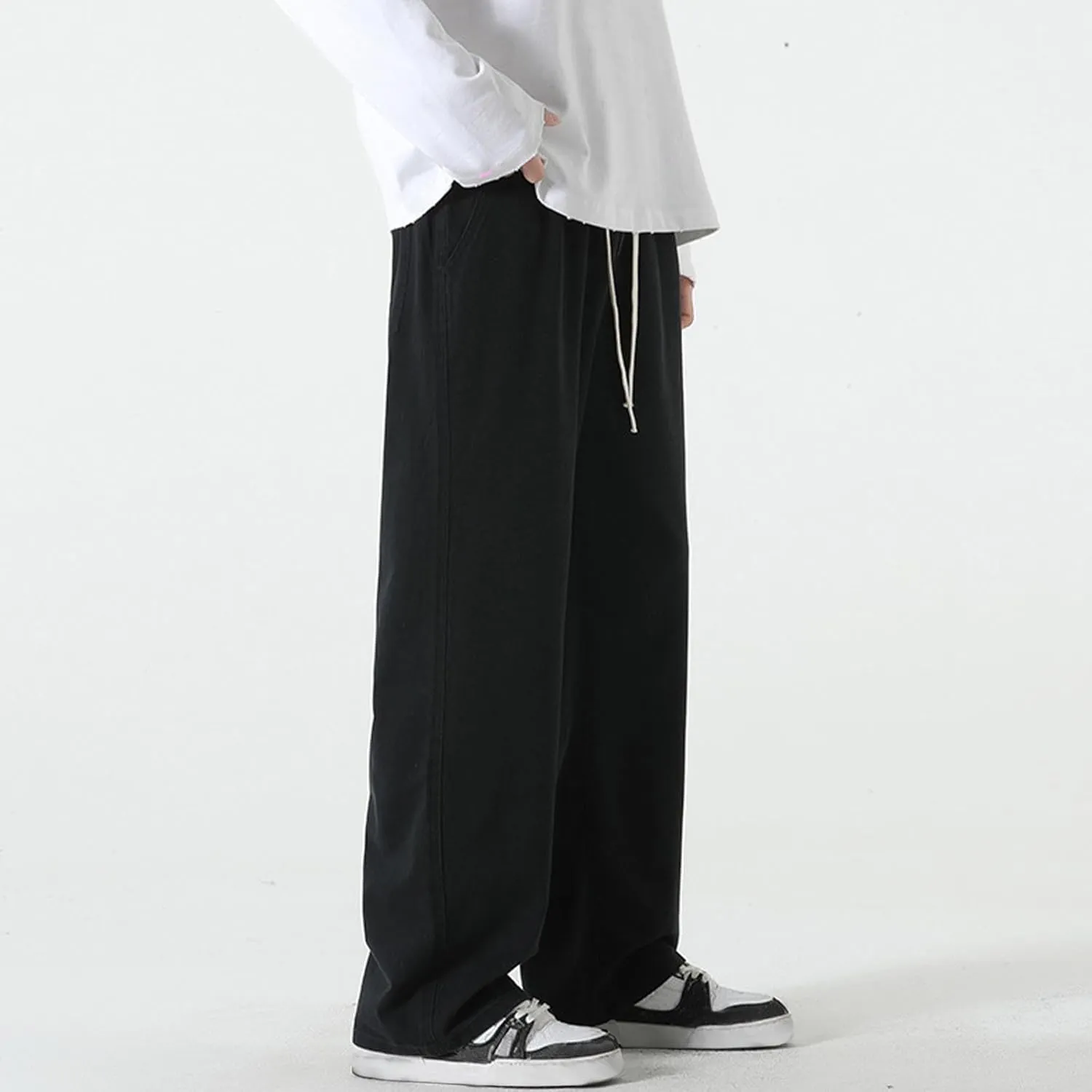 Cotton Pants for Men Straight Leg Stretch Jeans Sweatpants Trendy Teen Boys Drawstring Casual Denim Pants Relaxed Fit