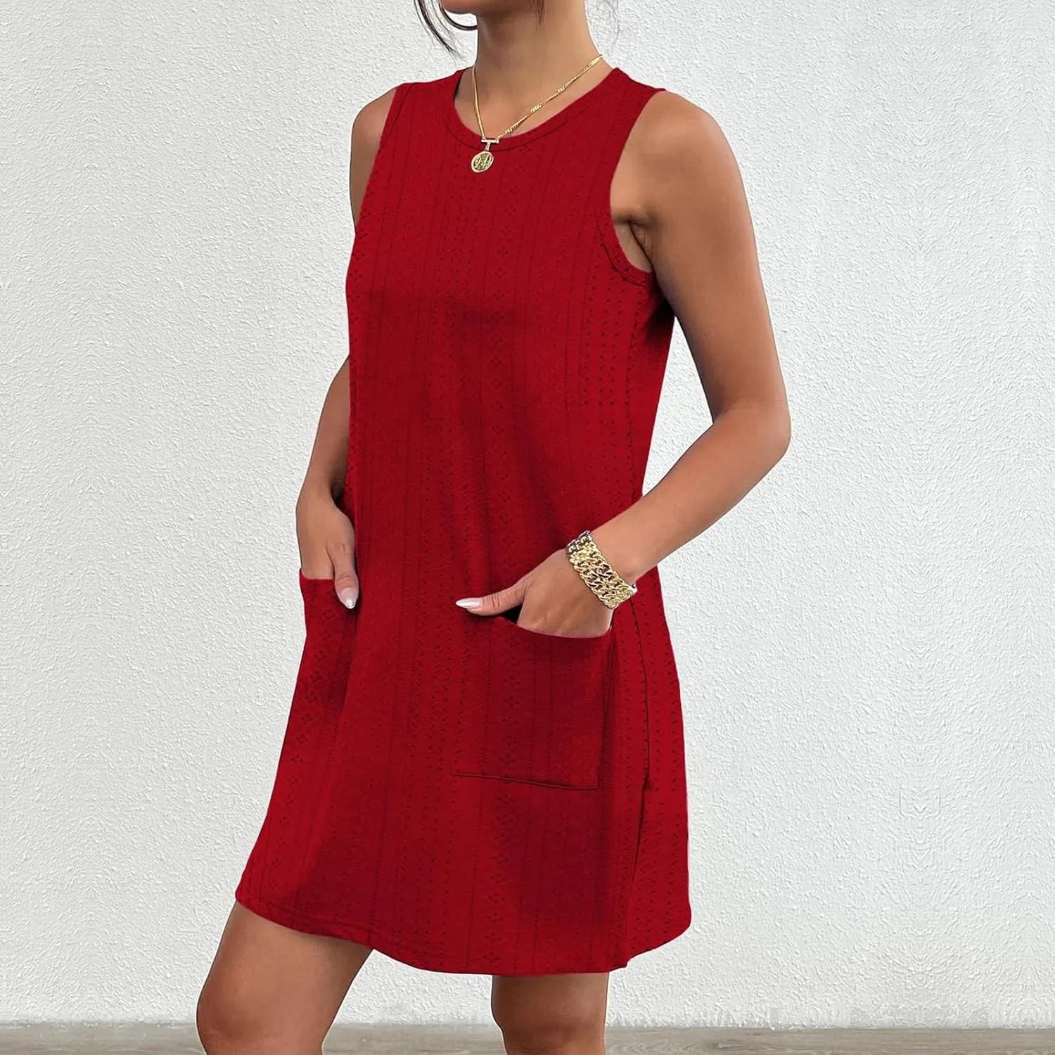 Coverup Summer Dresses for Women Fashion Mini Dress Breathable Eyelet Sleeveless Tank Dress A Line Dresses with Pockets