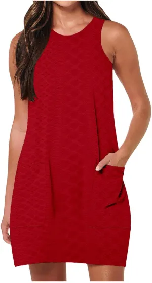 Coverup Summer Dresses for Women Fashion Mini Dress Breathable Eyelet Sleeveless Tank Dress A Line Dresses with Pockets