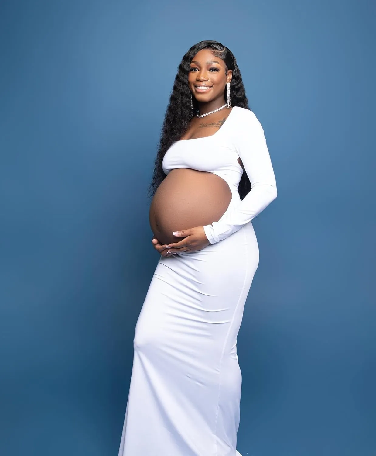 Dedysler Cut Out Maternity Dress for Photos Open Belly Long Sleeve Photography Gown Square Neck Maternity Outfit Dresses