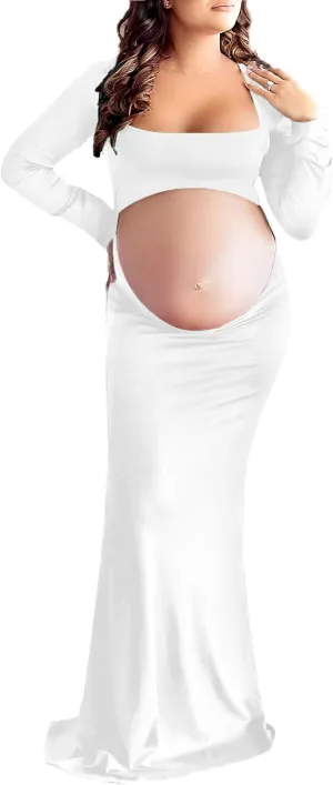 Dedysler Cut Out Maternity Dress for Photos Open Belly Long Sleeve Photography Gown Square Neck Maternity Outfit Dresses