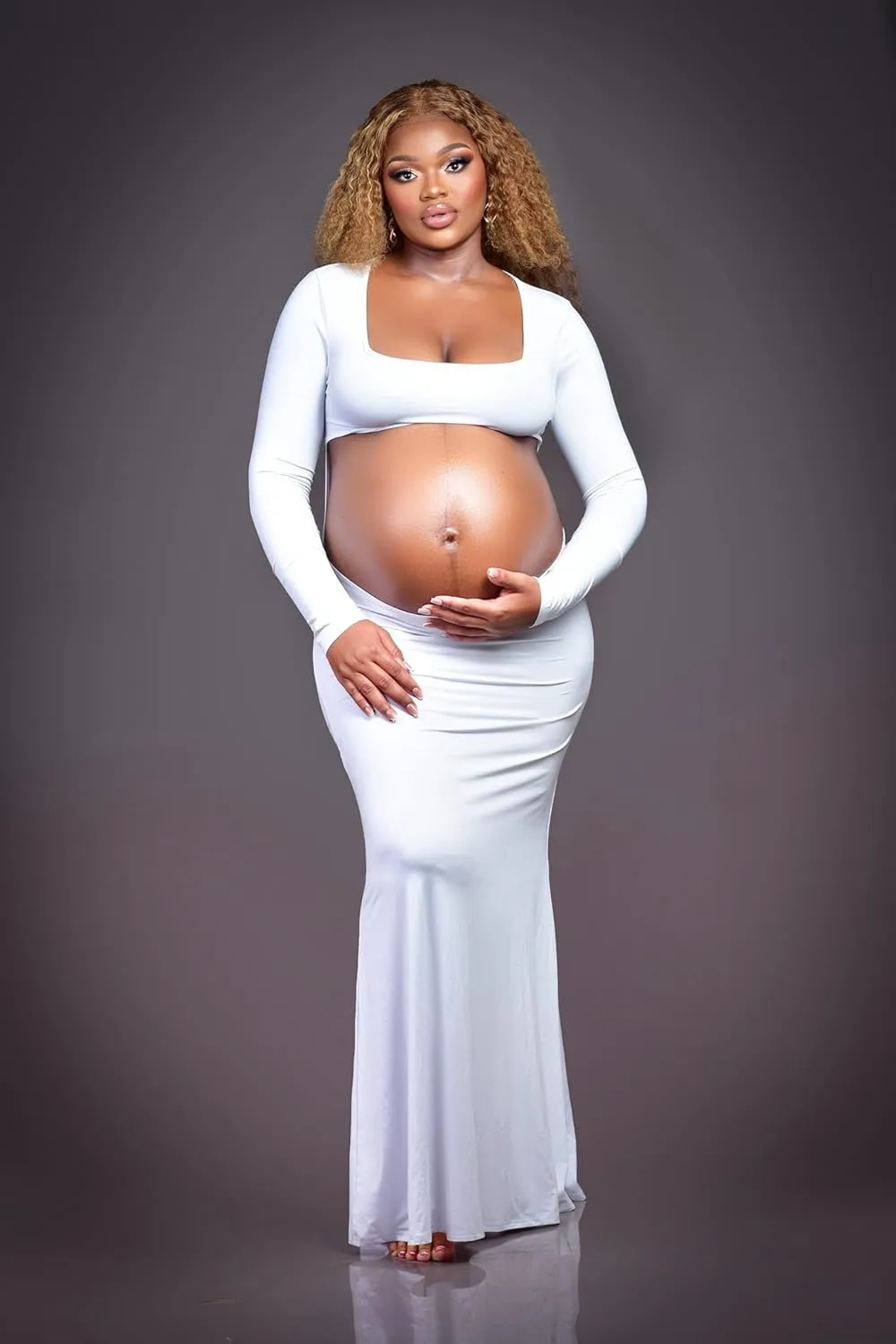 Dedysler Cut Out Maternity Dress for Photos Open Belly Long Sleeve Photography Gown Square Neck Maternity Outfit Dresses
