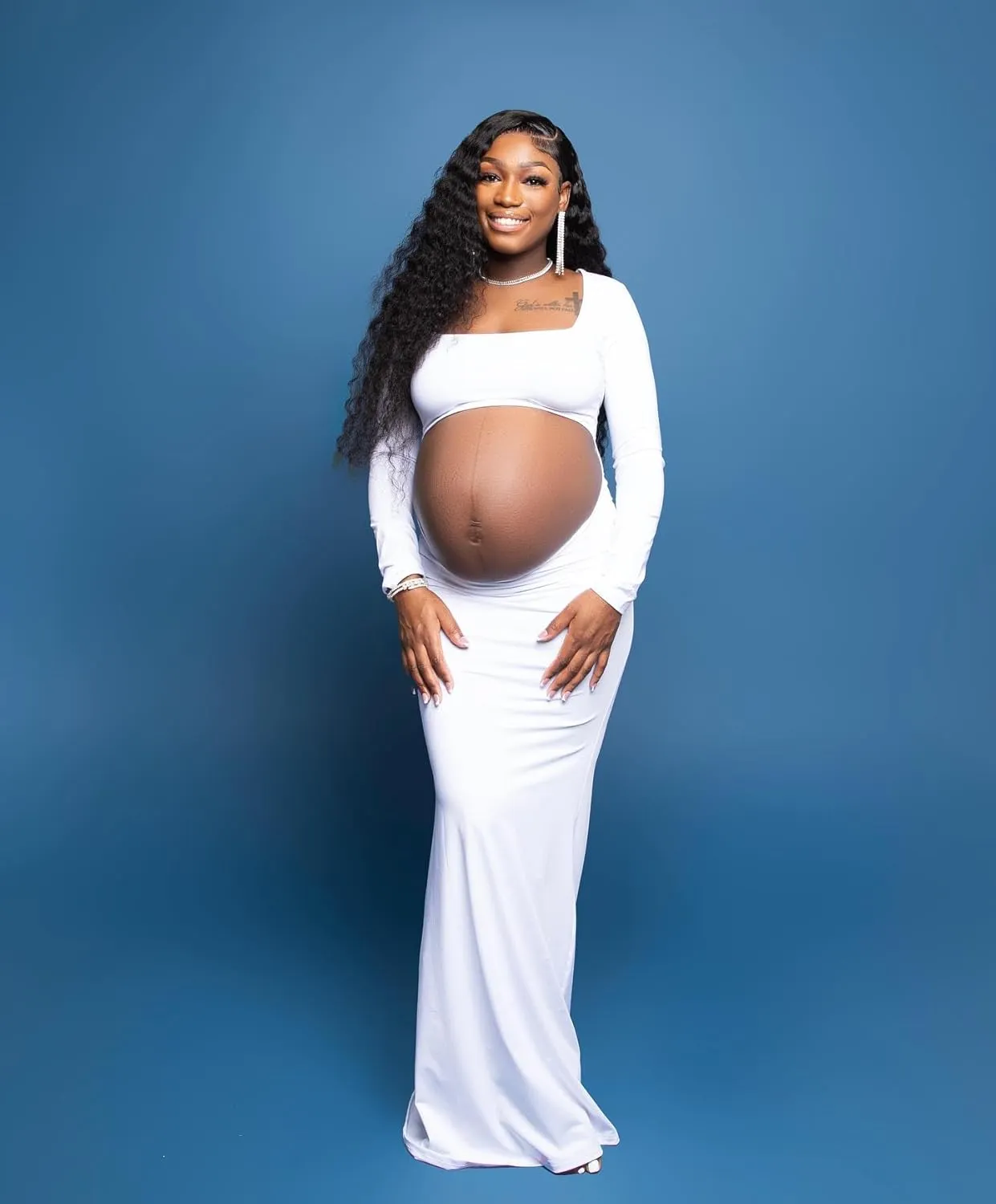Dedysler Cut Out Maternity Dress for Photos Open Belly Long Sleeve Photography Gown Square Neck Maternity Outfit Dresses