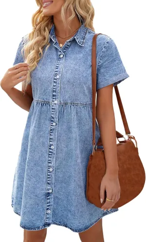 Denim Dress for Women Trendy Button Down Short Sleeve Midi Dresses Casual Babydoll Tiered Tunic Jean Shirt Dresses