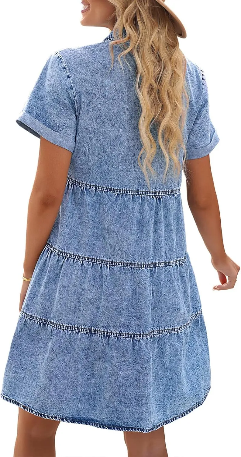 Denim Dress for Women Trendy Button Down Short Sleeve Midi Dresses Casual Babydoll Tiered Tunic Jean Shirt Dresses