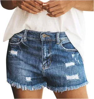 Denim Shorts for Teen Girls Casual High Waisted Stretchable Boyfriend Shorts Jeans Plain Color Fray Hem Slim Shorts