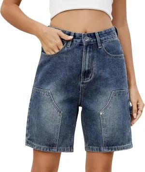 Denim Shorts Women 7 Inch Inseam - Bermuda Mid-Rise Butt Lift Summer Long Denim 5 Inch Inseam with Multi Pockets