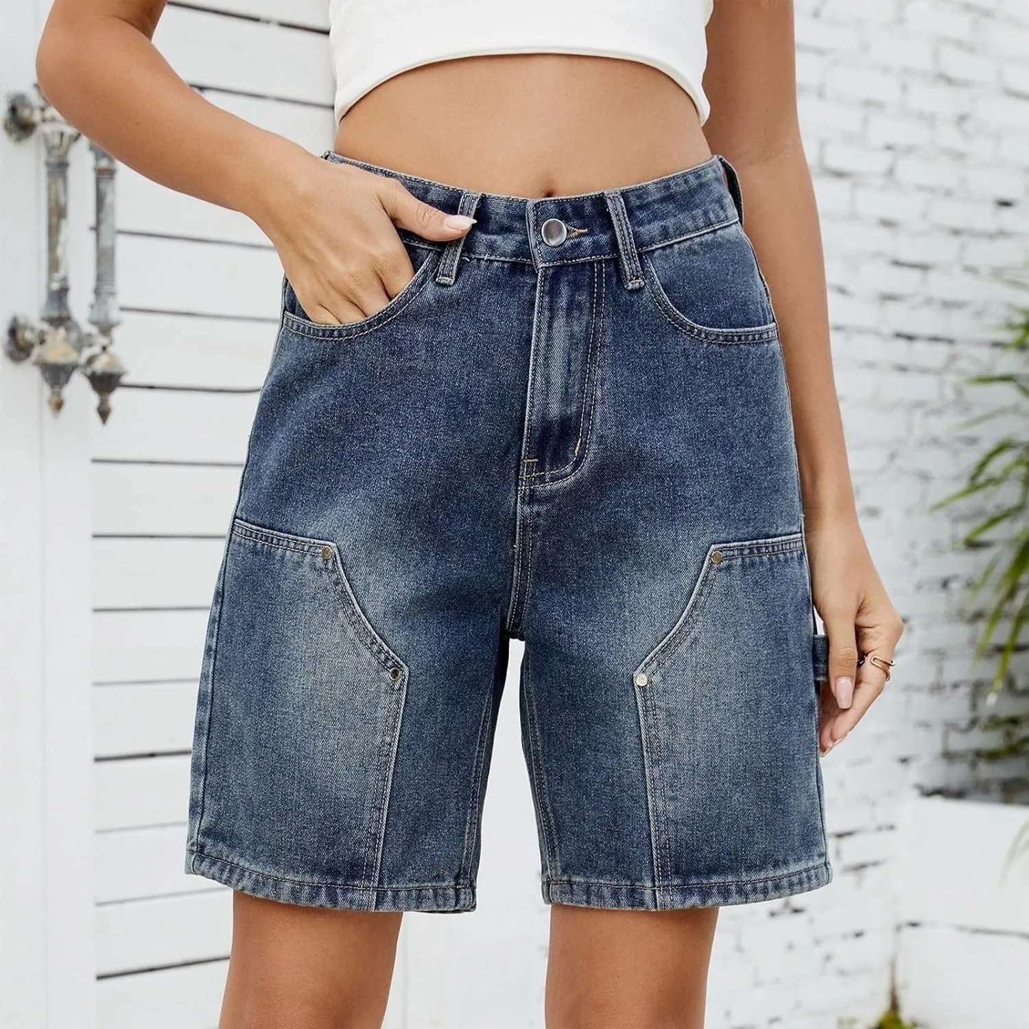 Denim Shorts Women 7 Inch Inseam - Bermuda Mid-Rise Butt Lift Summer Long Denim 5 Inch Inseam with Multi Pockets