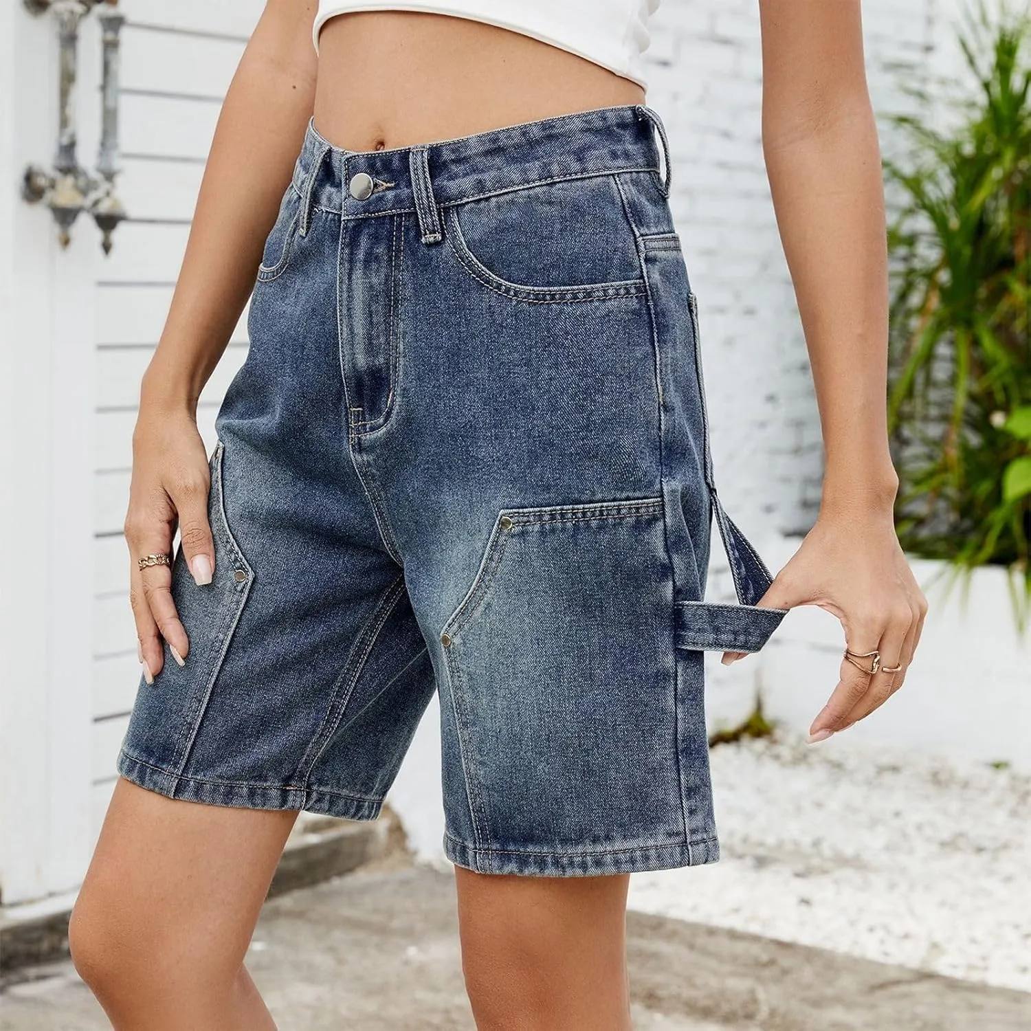 Denim Shorts Women 7 Inch Inseam - Bermuda Mid-Rise Butt Lift Summer Long Denim 5 Inch Inseam with Multi Pockets