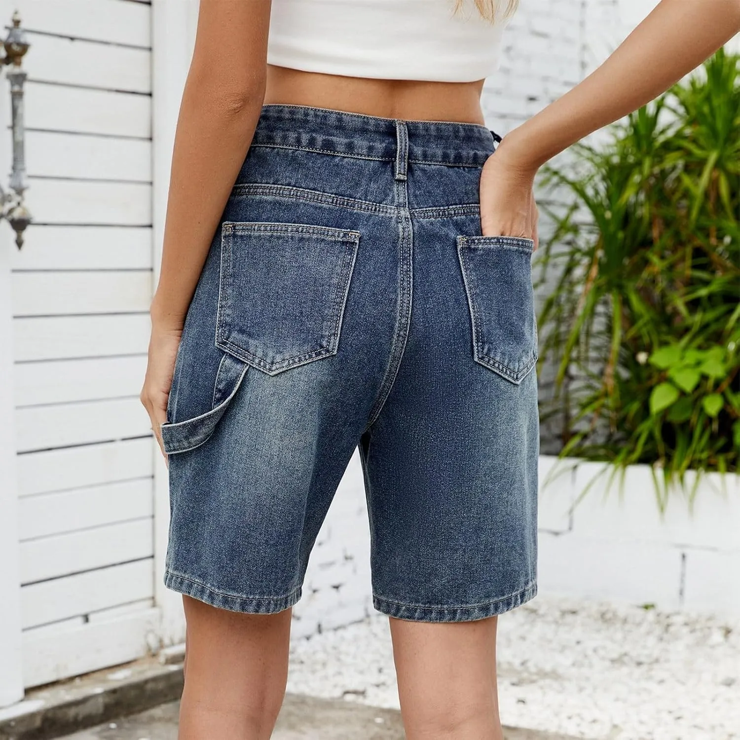 Denim Shorts Women 7 Inch Inseam - Bermuda Mid-Rise Butt Lift Summer Long Denim 5 Inch Inseam with Multi Pockets