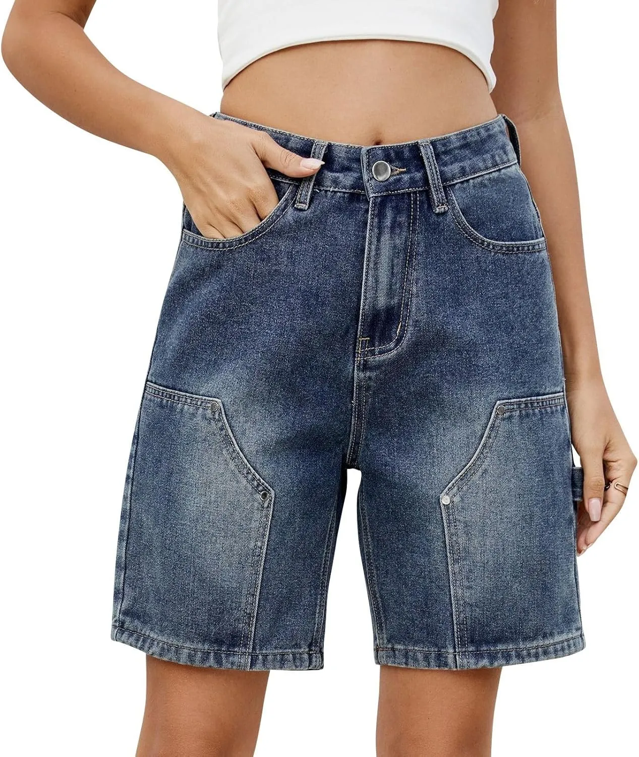 Denim Shorts Women 7 Inch Inseam - Bermuda Mid-Rise Butt Lift Summer Long Denim 5 Inch Inseam with Multi Pockets