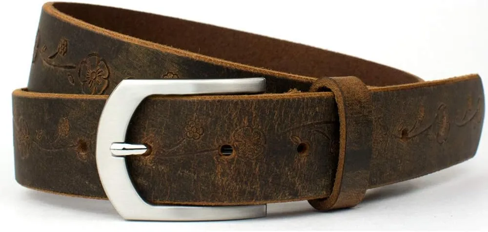 Distressed Rose Belt - USA Made Brown Full Grain Leather Belt with Certified Nickel Free Buckle