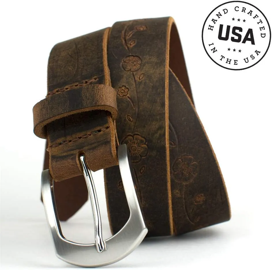 Distressed Rose Belt - USA Made Brown Full Grain Leather Belt with Certified Nickel Free Buckle