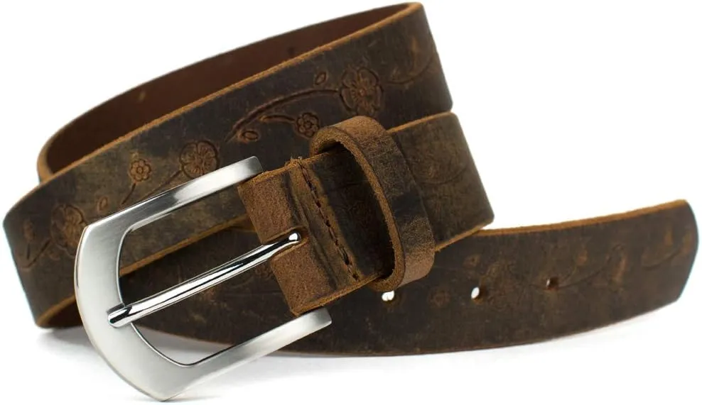 Distressed Rose Belt - USA Made Brown Full Grain Leather Belt with Certified Nickel Free Buckle