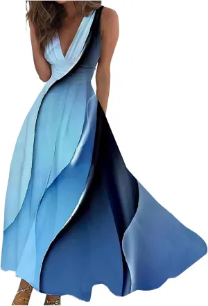 Dresses for Women 2024 Wrap V Neck Flowy Ruched Maxi Dress Sleeveless Floral Printed Beach Dresses Boho Sundresses