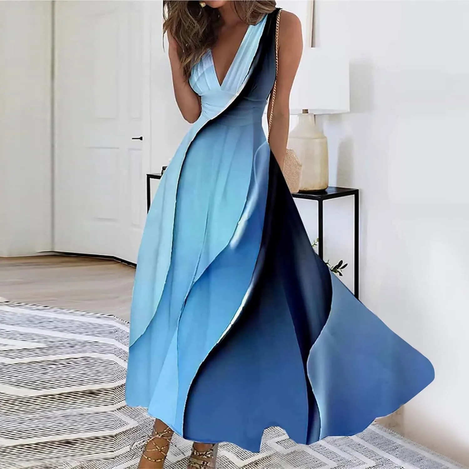 Dresses for Women 2024 Wrap V Neck Flowy Ruched Maxi Dress Sleeveless Floral Printed Beach Dresses Boho Sundresses