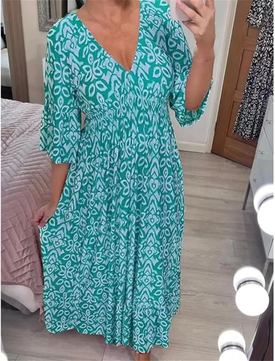 Dresses for Women 2025 Casual V Neck Floral Bohemian Wrap 3/4 Sleeve Midi Boho Dress Summer Trendy High Waist Long Dress