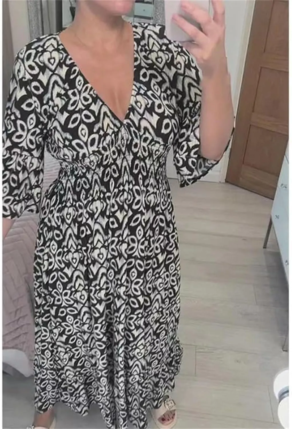 Dresses for Women 2025 Casual V Neck Floral Bohemian Wrap 3/4 Sleeve Midi Boho Dress Summer Trendy High Waist Long Dress