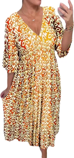 Dresses for Women 2025 Casual V Neck Floral Bohemian Wrap 3/4 Sleeve Midi Boho Dress Summer Trendy High Waist Long Dress