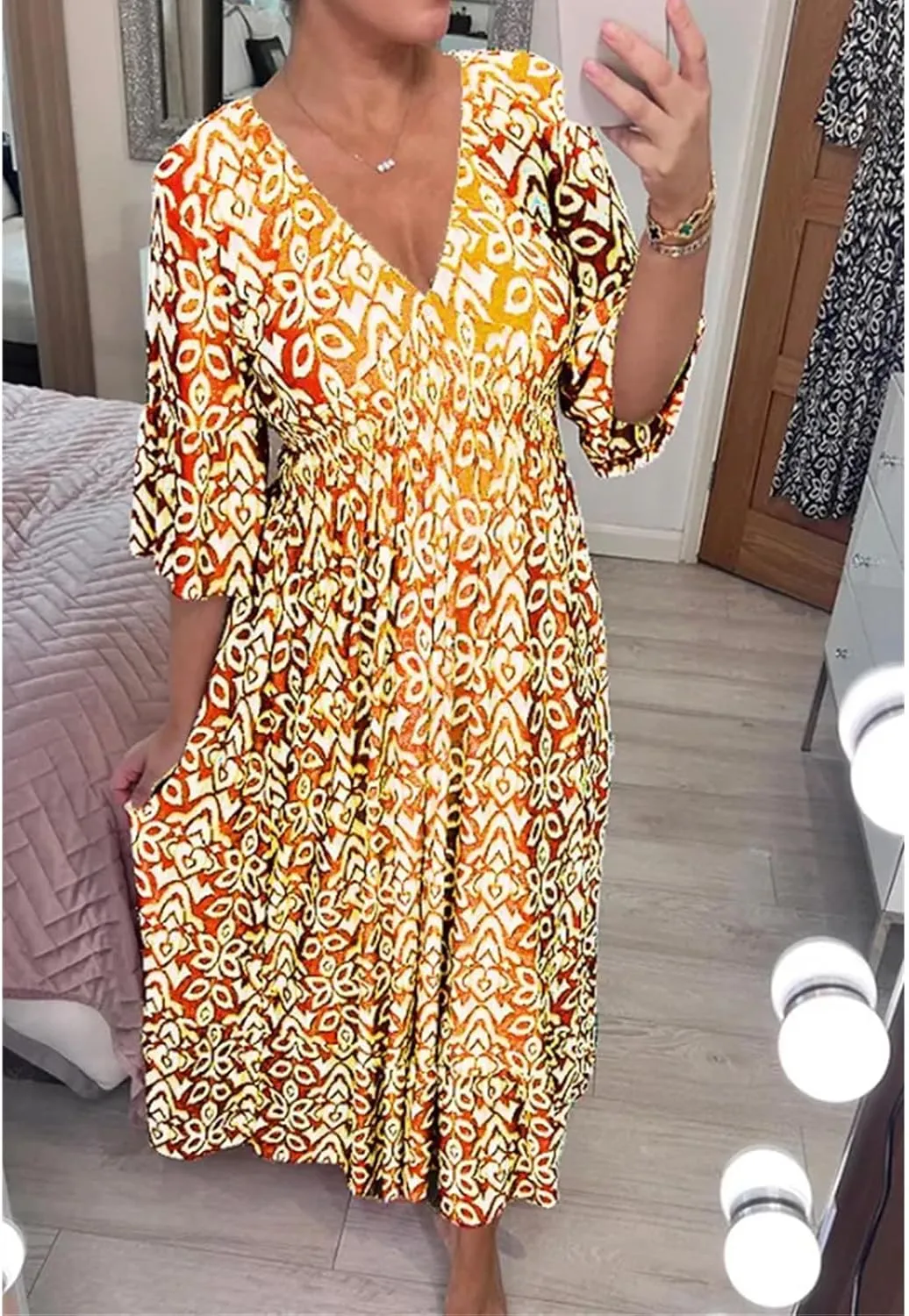 Dresses for Women 2025 Casual V Neck Floral Bohemian Wrap 3/4 Sleeve Midi Boho Dress Summer Trendy High Waist Long Dress