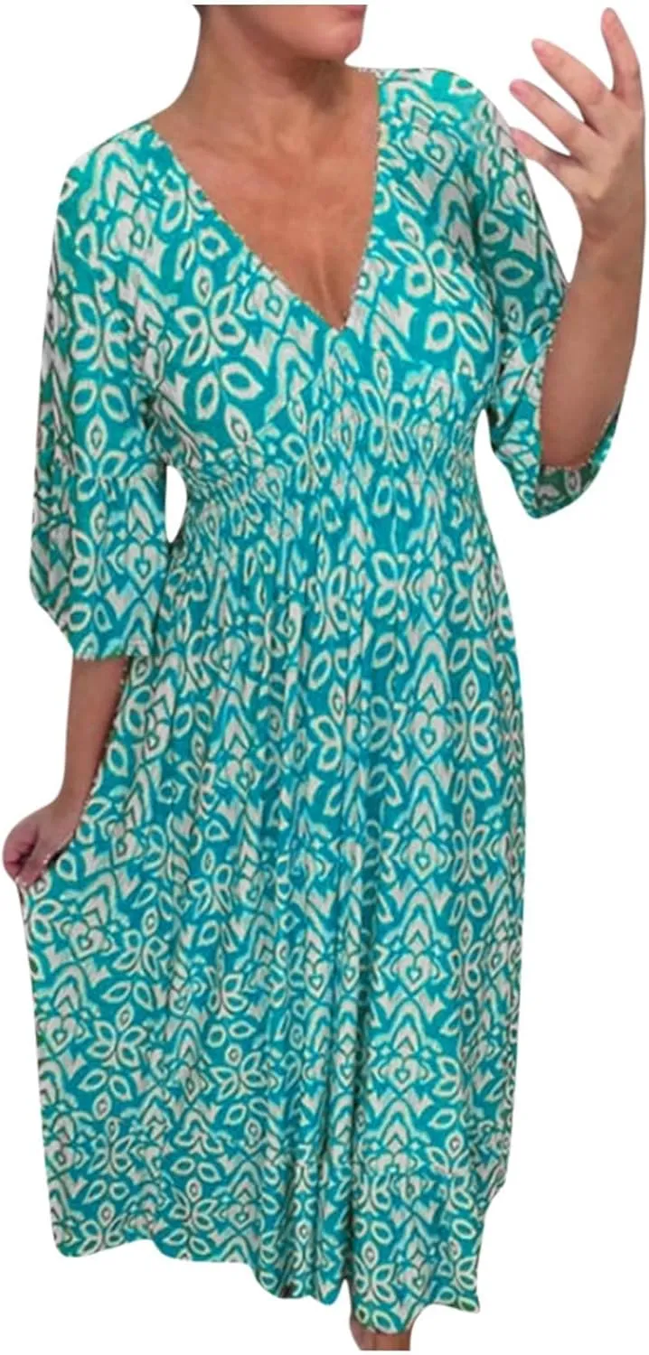 Dresses for Women 2025 Casual V Neck Floral Bohemian Wrap 3/4 Sleeve Midi Boho Dress Summer Trendy High Waist Long Dress