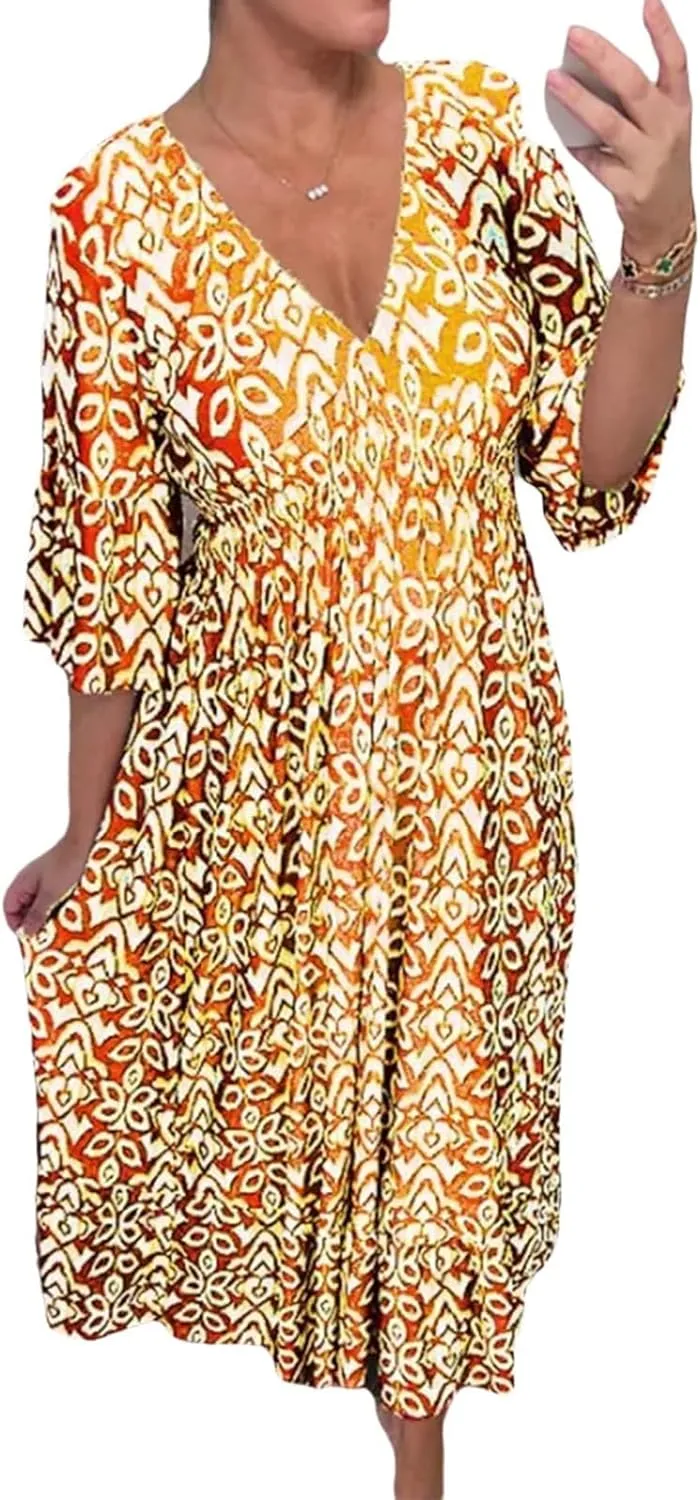 Dresses for Women 2025 Casual V Neck Floral Bohemian Wrap 3/4 Sleeve Midi Boho Dress Summer Trendy High Waist Long Dress