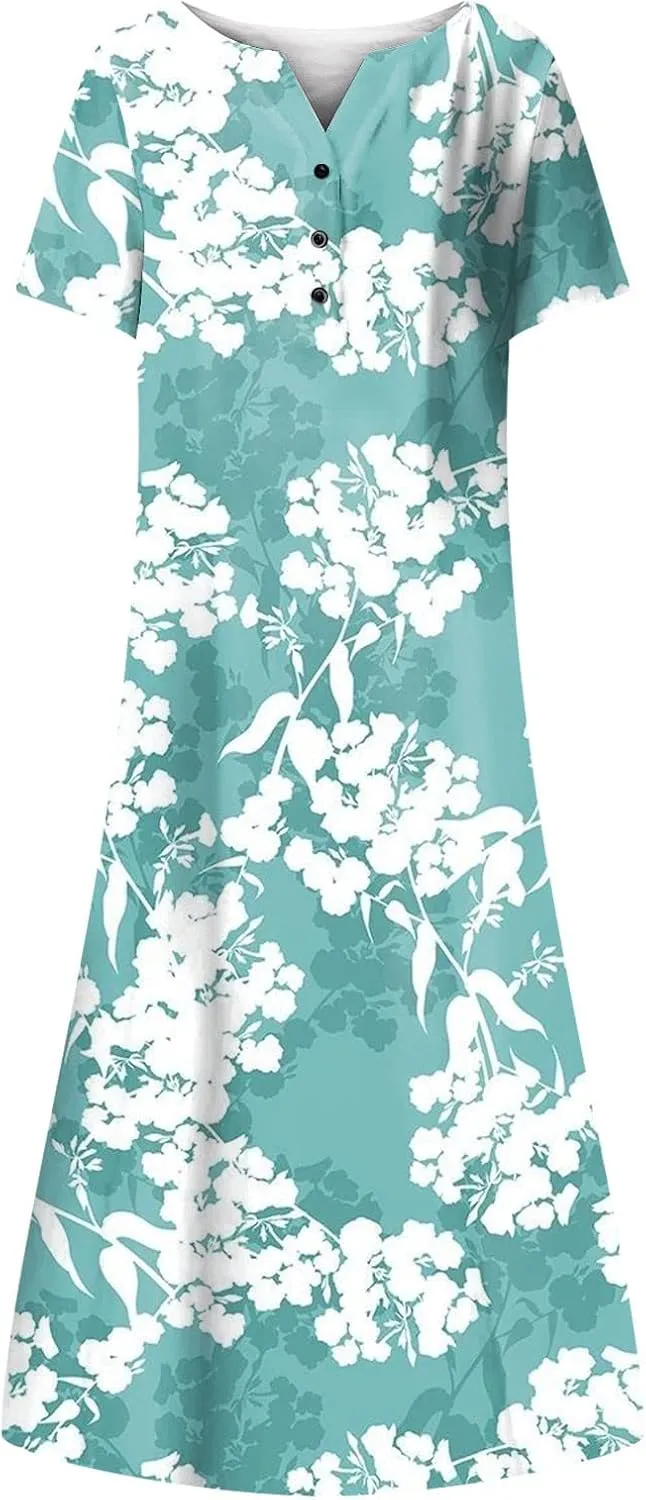 Dresses for Women 2025 Pocket Floral Printed Dresses Button Down Half Sleeve Maxi Dress V Neck Trendy Beach Dress