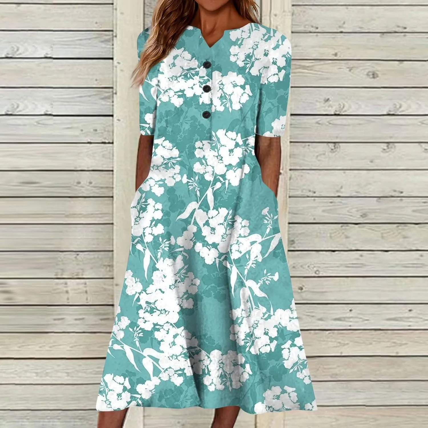 Dresses for Women 2025 Pocket Floral Printed Dresses Button Down Half Sleeve Maxi Dress V Neck Trendy Beach Dress