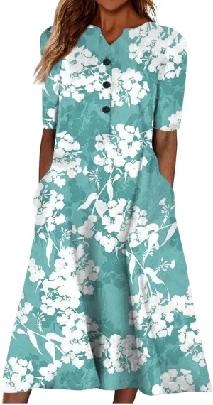 Dresses for Women 2025 Pocket Floral Printed Dresses Button Down Half Sleeve Maxi Dress V Neck Trendy Beach Dress