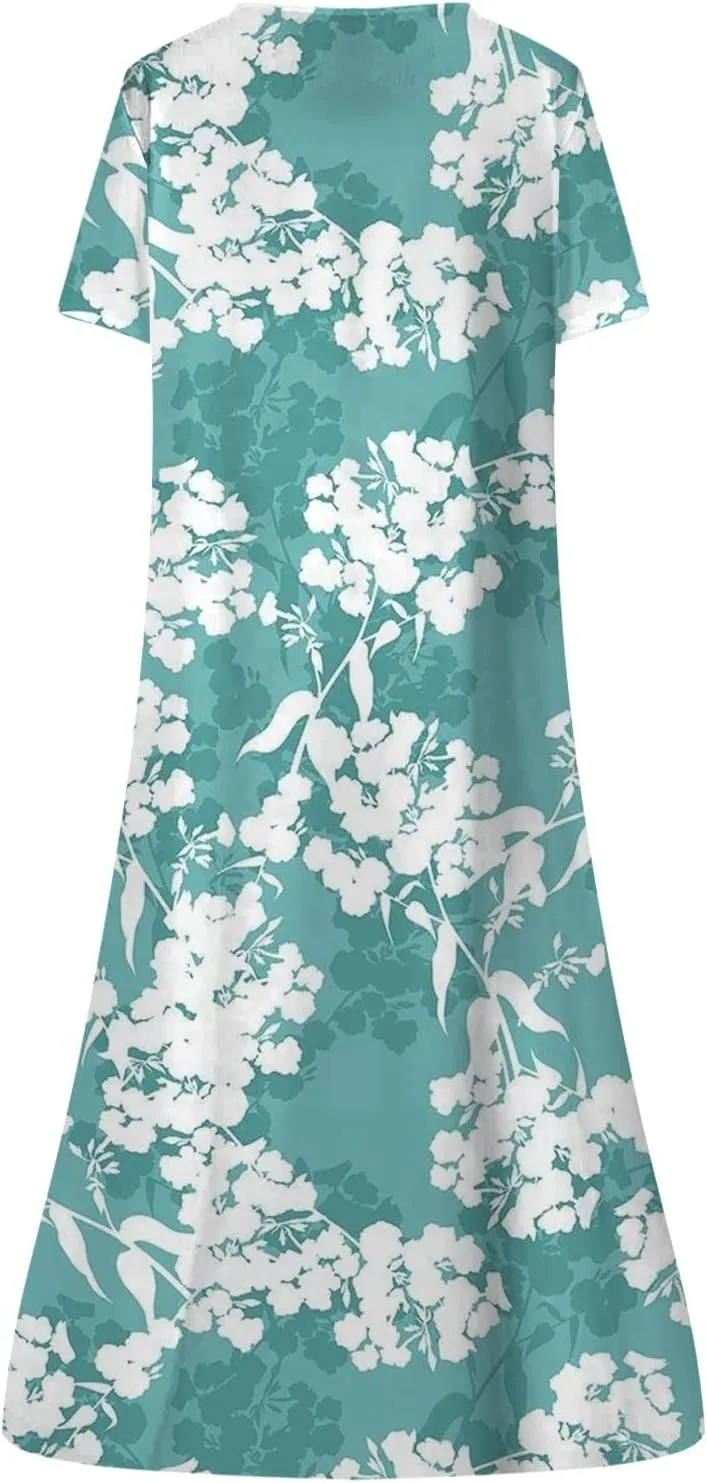 Dresses for Women 2025 Pocket Floral Printed Dresses Button Down Half Sleeve Maxi Dress V Neck Trendy Beach Dress
