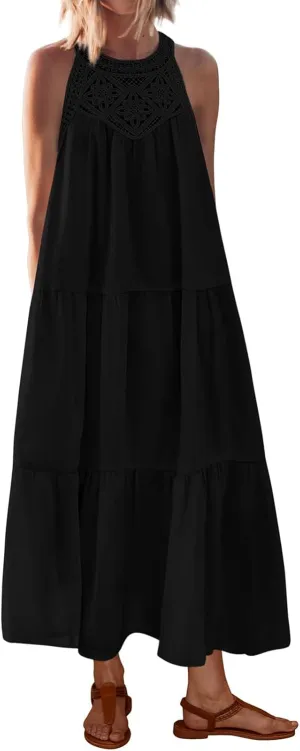 Dresses for Women Boho A Line Hollow Loose Fit Crewneck Sleeveless Printed Mini Dress Summer Casual Dressy 2025
