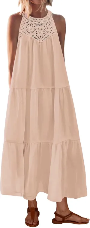 Dresses for Women Boho A Line Hollow Loose Fit Crewneck Sleeveless Printed Mini Dress Summer Casual Dressy 2025