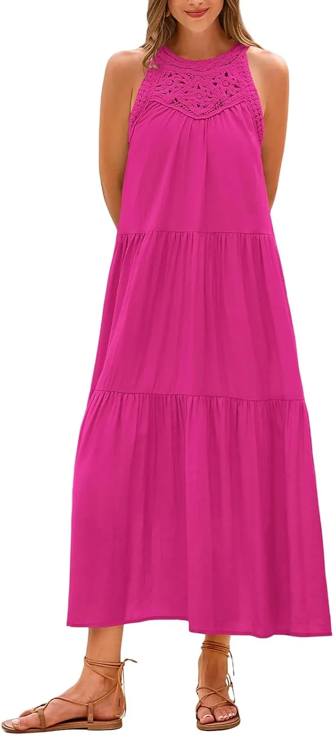 Dresses for Women Boho A Line Hollow Loose Fit Crewneck Sleeveless Printed Mini Dress Summer Casual Dressy 2025
