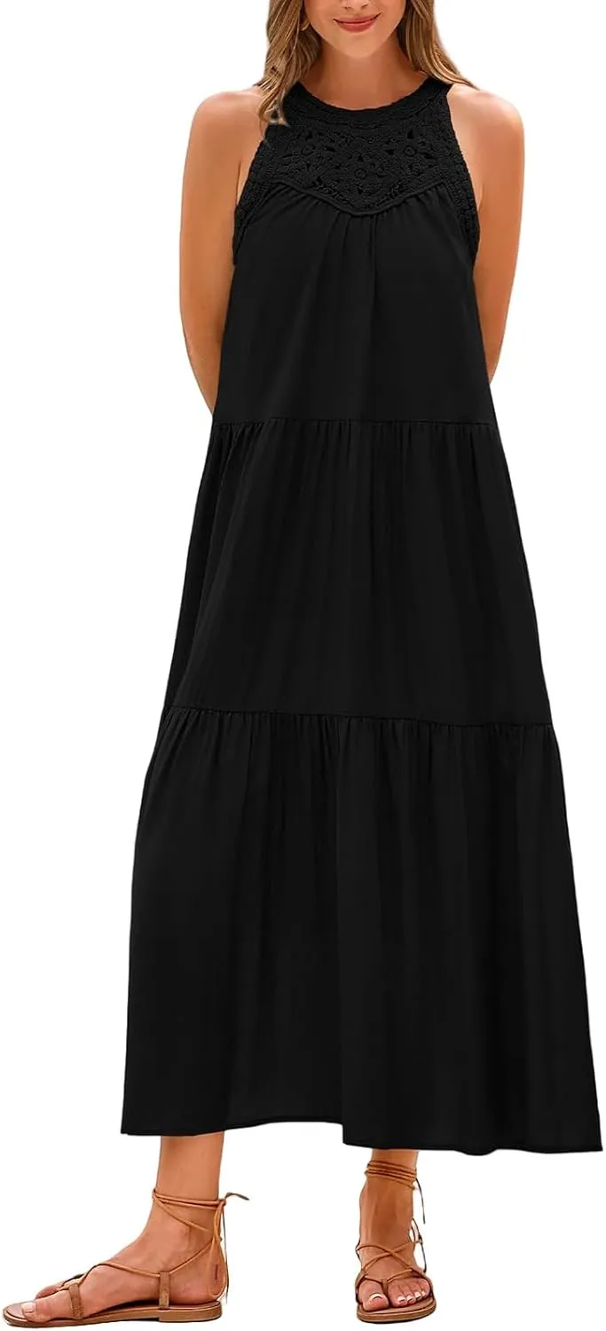 Dresses for Women Boho A Line Hollow Loose Fit Crewneck Sleeveless Printed Mini Dress Summer Casual Dressy 2025