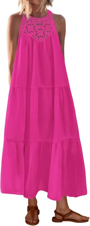 Dresses for Women Boho A Line Hollow Loose Fit Crewneck Sleeveless Printed Mini Dress Summer Casual Dressy 2025