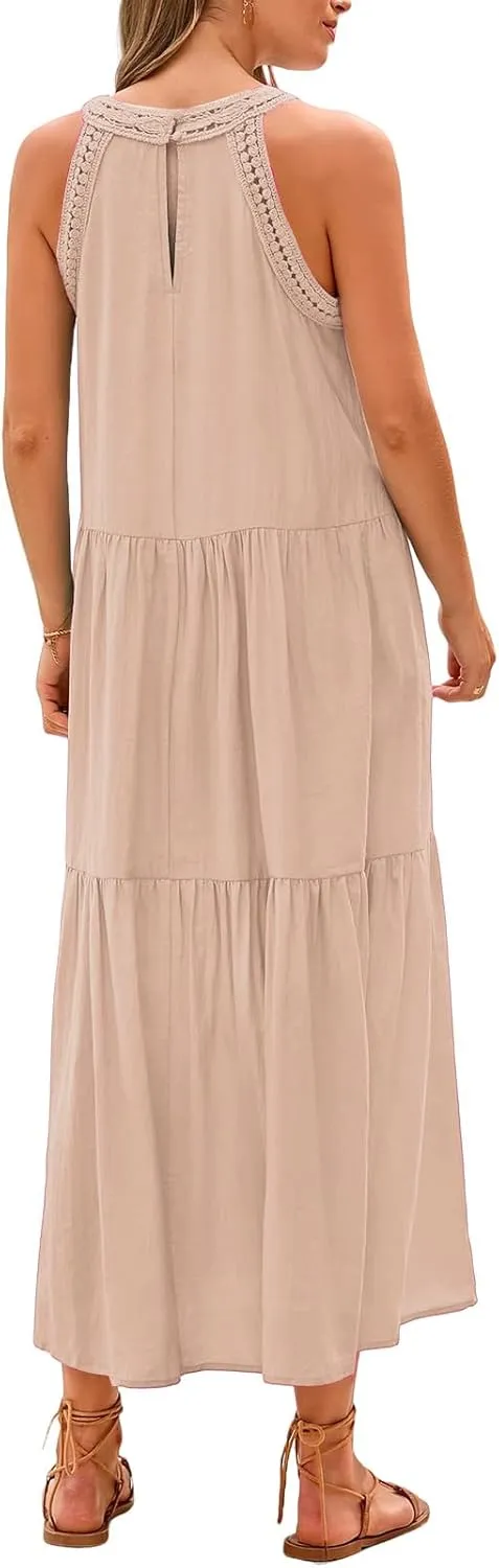 Dresses for Women Boho A Line Hollow Loose Fit Crewneck Sleeveless Printed Mini Dress Summer Casual Dressy 2025