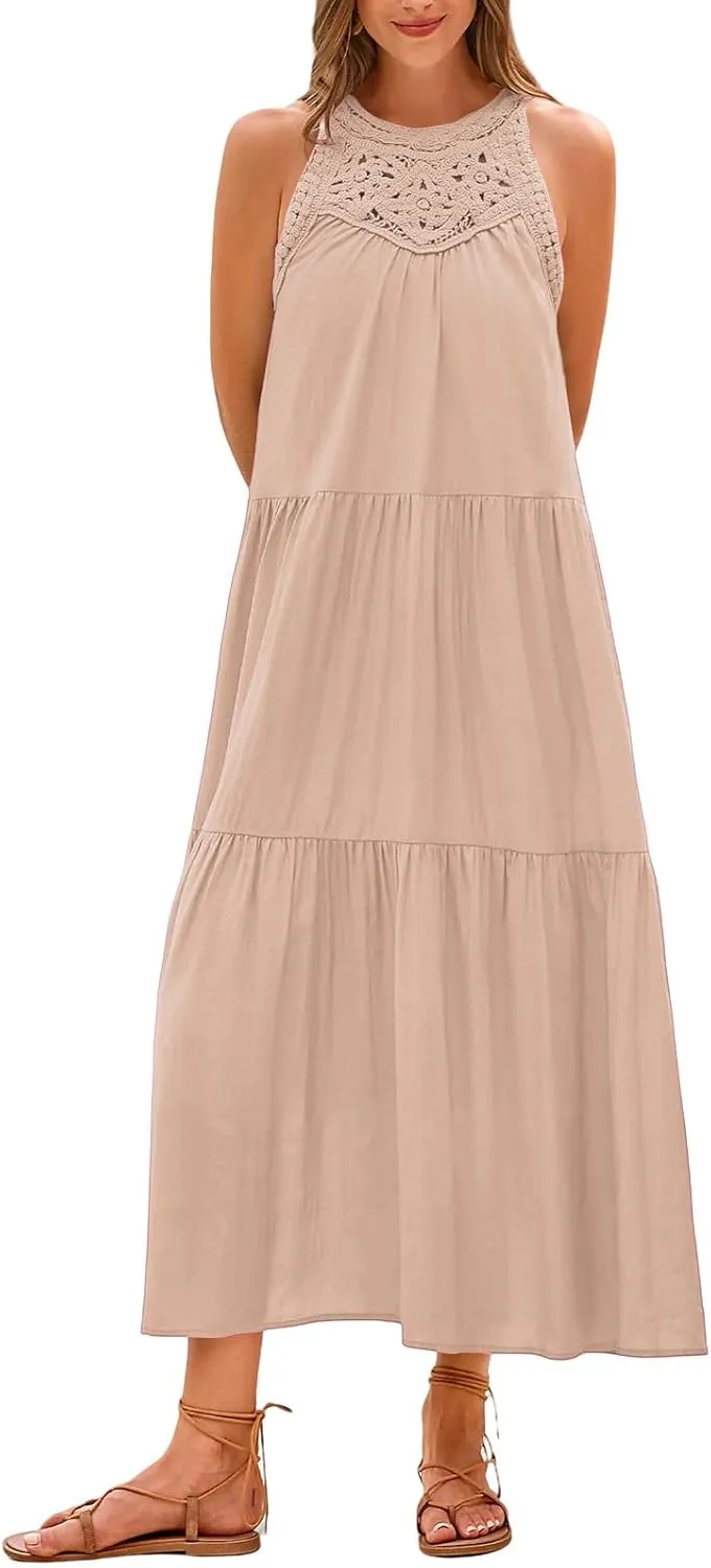 Dresses for Women Boho A Line Hollow Loose Fit Crewneck Sleeveless Printed Mini Dress Summer Casual Dressy 2025