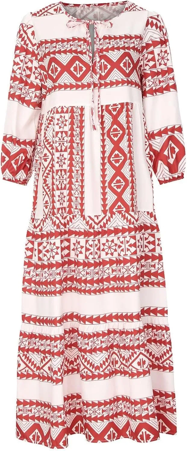 Dresses for Women Summer Boho Loose Fit Sundress Puff Half Sleeve V Neck Maxi Dress Printed Floral Dresses 2025