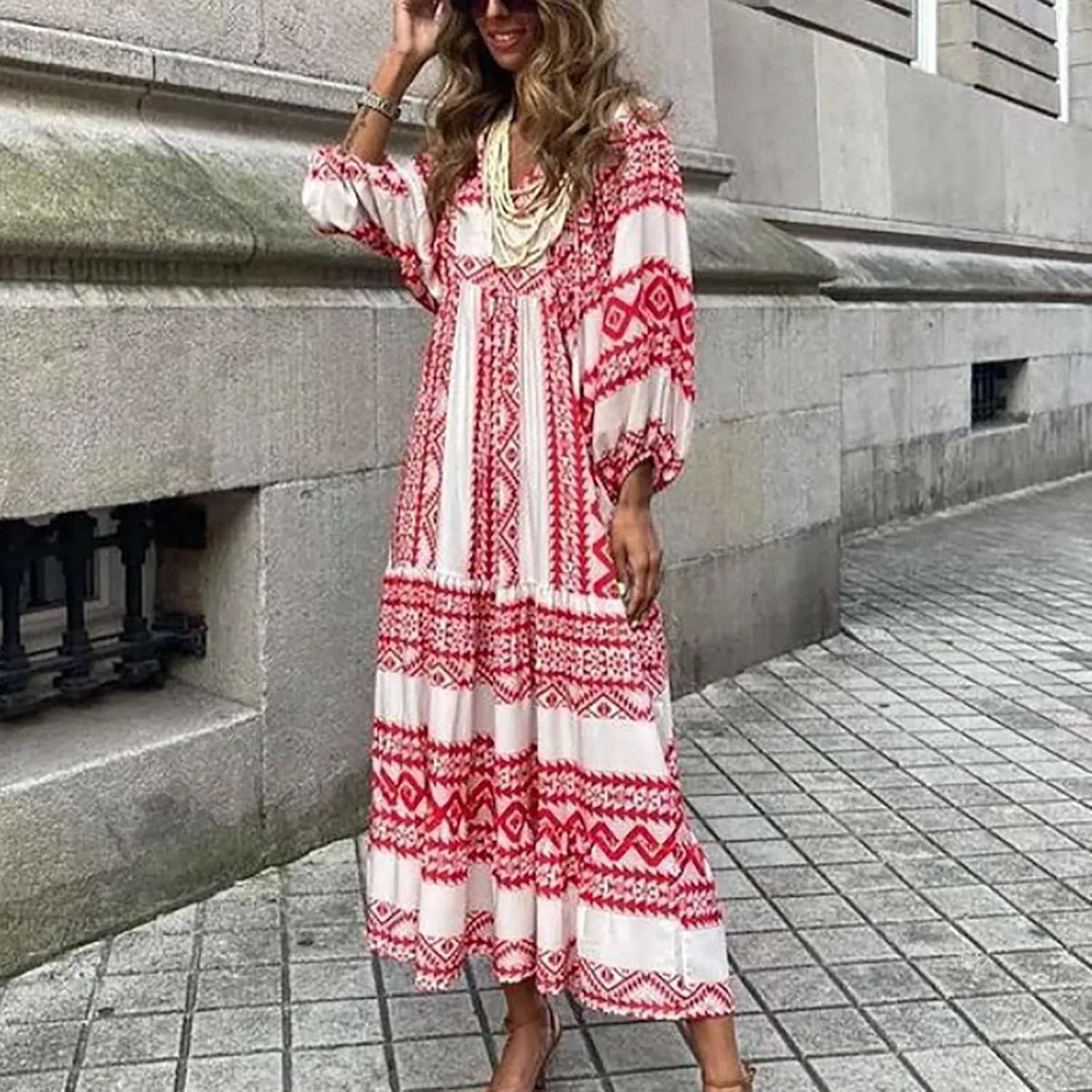 Dresses for Women Summer Boho Loose Fit Sundress Puff Half Sleeve V Neck Maxi Dress Printed Floral Dresses 2025