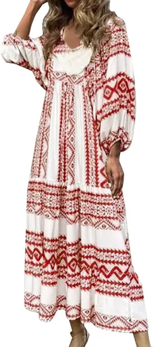Dresses for Women Summer Boho Loose Fit Sundress Puff Half Sleeve V Neck Maxi Dress Printed Floral Dresses 2025
